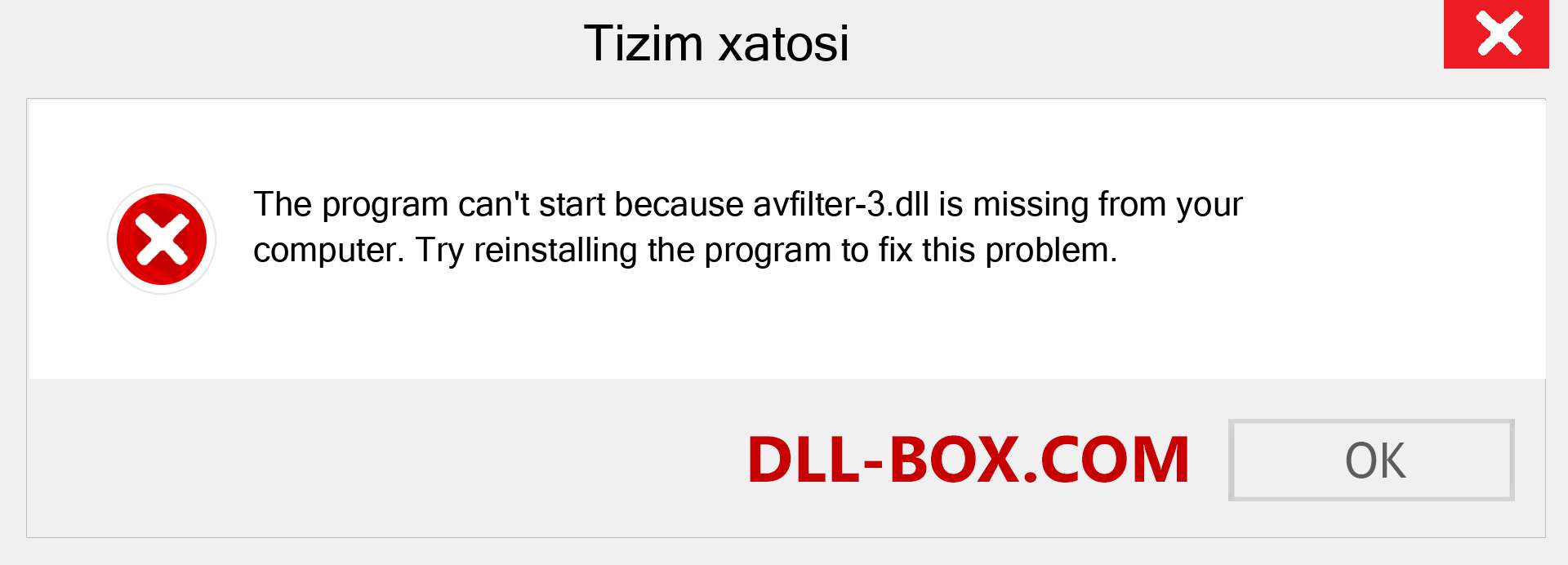 avfilter-3.dll fayli yo'qolganmi?. Windows 7, 8, 10 uchun yuklab olish - Windowsda avfilter-3 dll etishmayotgan xatoni tuzating, rasmlar, rasmlar